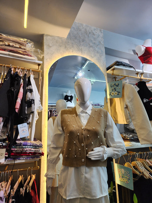 Detachable Pearl Knit Vest & Shirt Set