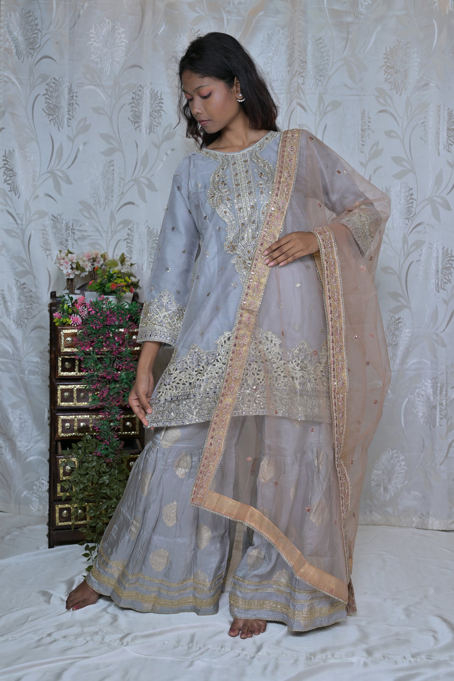 Elegant Gold Threadwork Sharara Ensemble