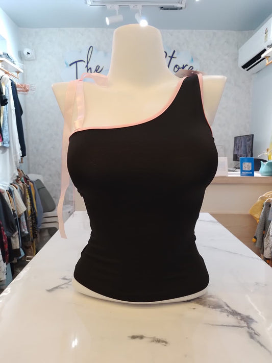 Asymmetric Ribbon-Strap Knit Top