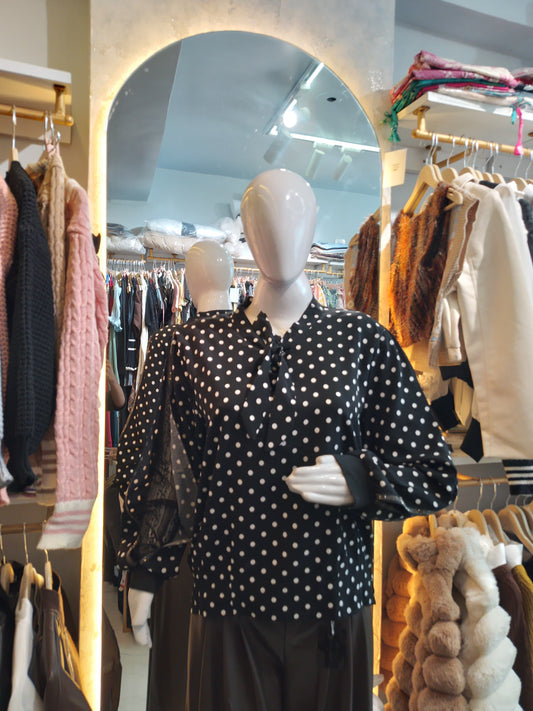Retro Charm" Polka Dot Tie-Neck Blouse