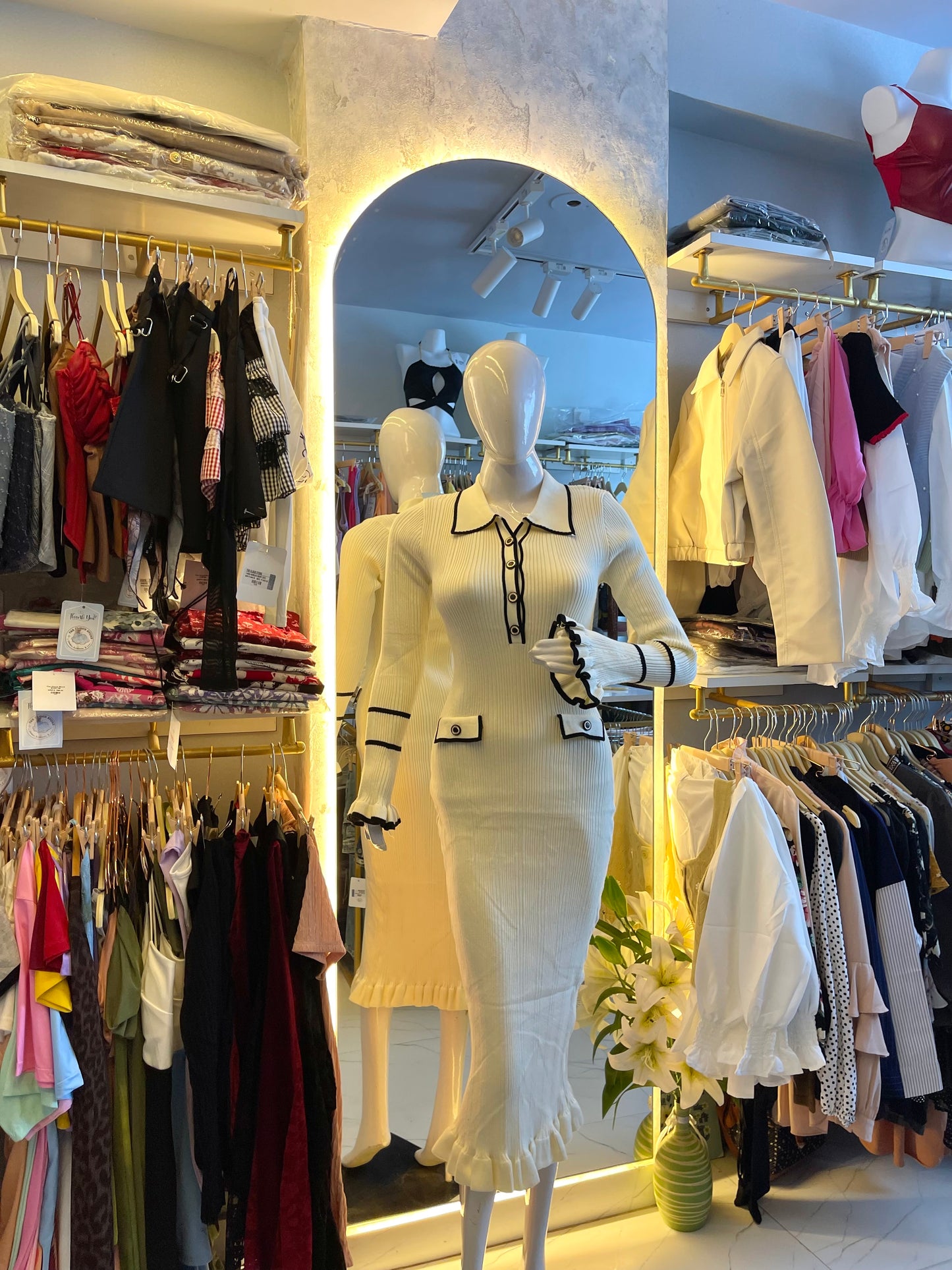 French Riviera" White Knitted Contrast Trim Dress