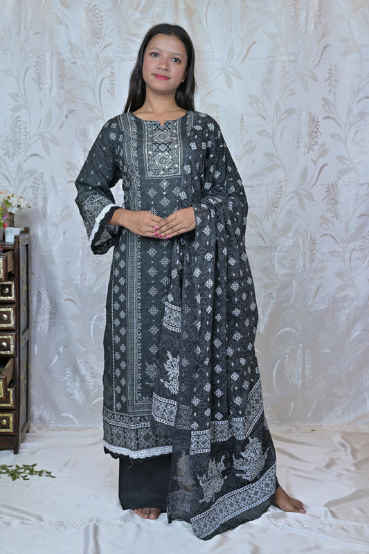 Classic Black & White Block Print Cotton Suit
