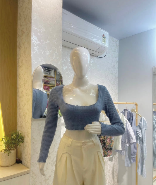Dusty Blue Waffle-Knit Long Sleeve Scoop Neck Crop Top