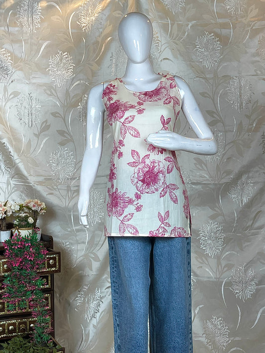 Women Pink & White Floral Printed Sleeveless Short Kurti