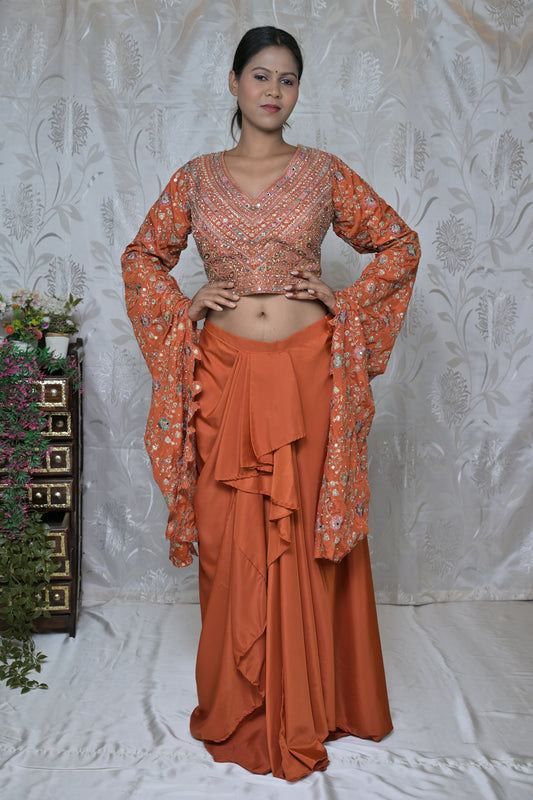 Orange Embellished Long Sleeve Blouse and Skirt Set