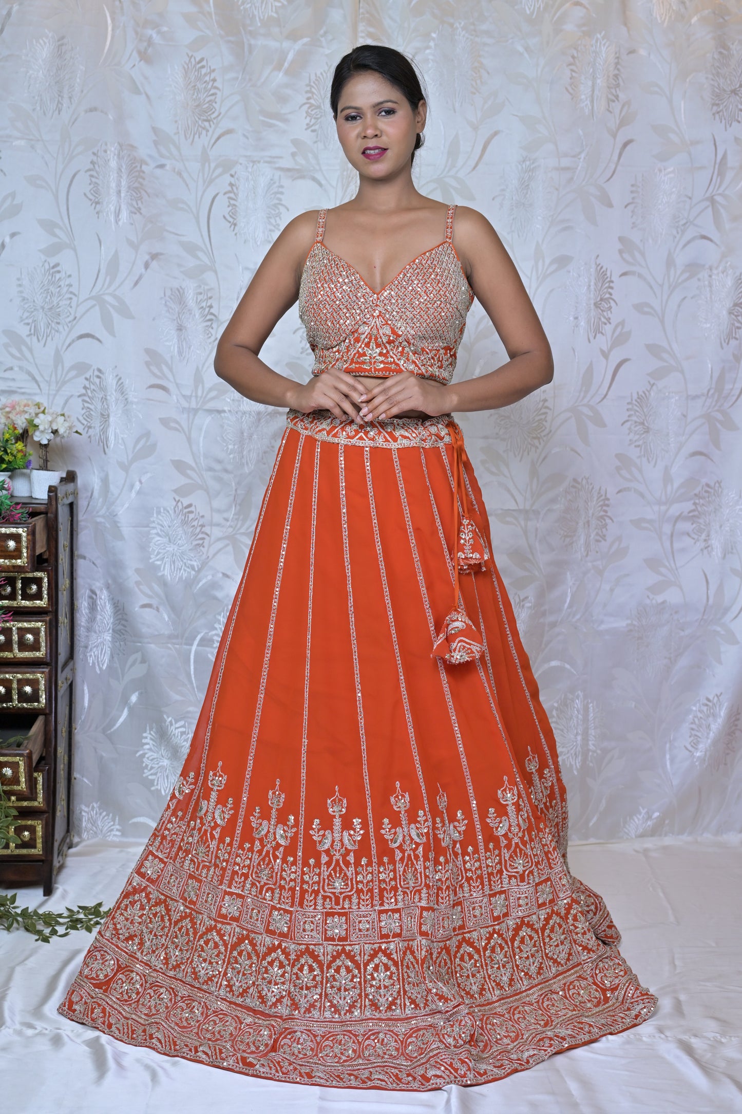 Orange Embroidered Lehenga Set with Jacket