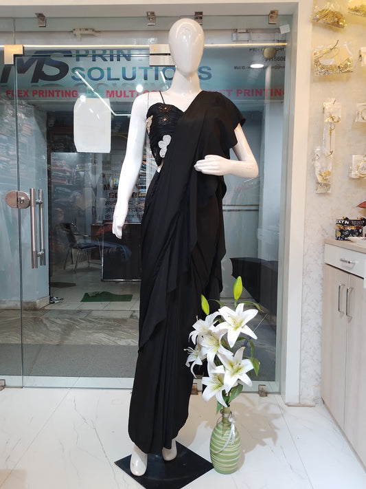 Jet Black Draped Saree with Floral Sequin Bustier Blouse