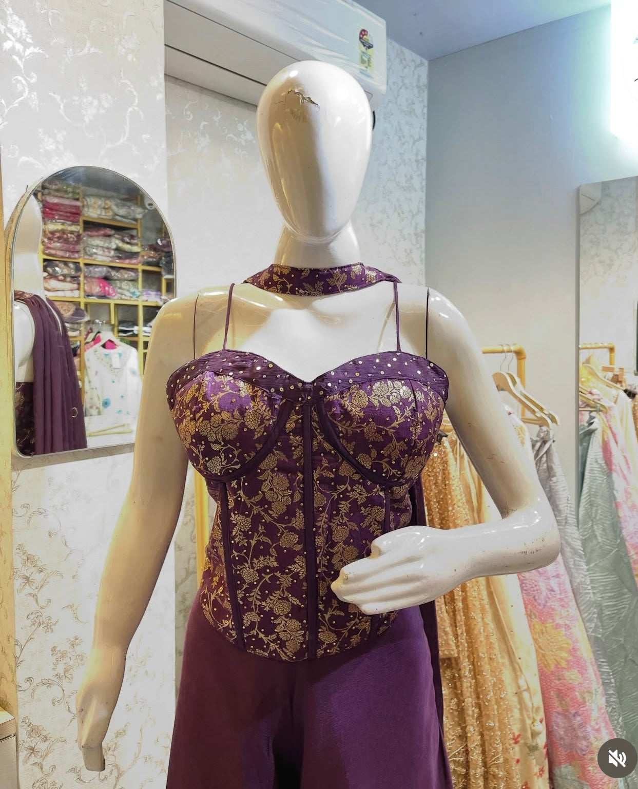 Regal Purple Gold-Embroidered Corset Top with Fluid Palazzo Dividers