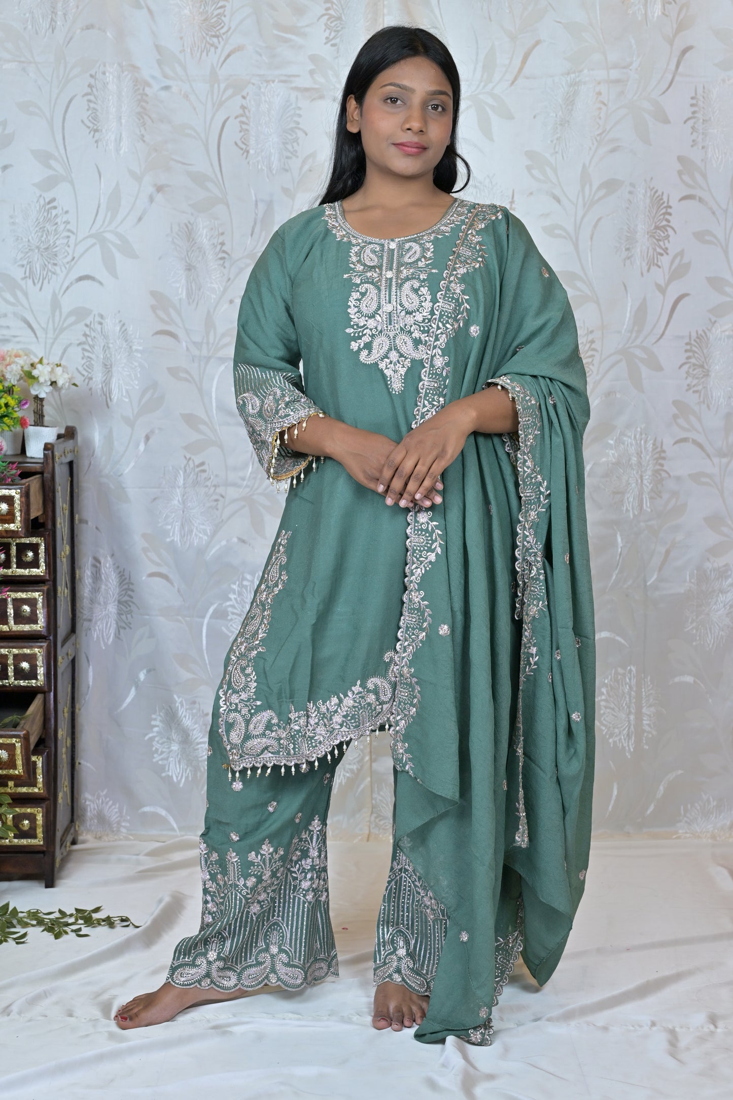 Embroidered Palazzo Suit Set with Tassel Detail