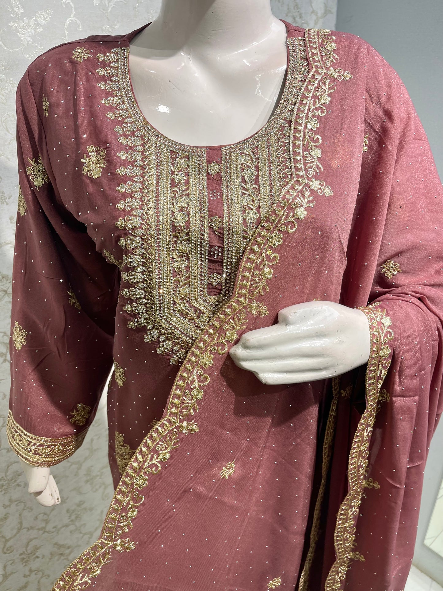 Silk Straight Kurta Set with Intricate Zari & Stone Embroidered Neckline