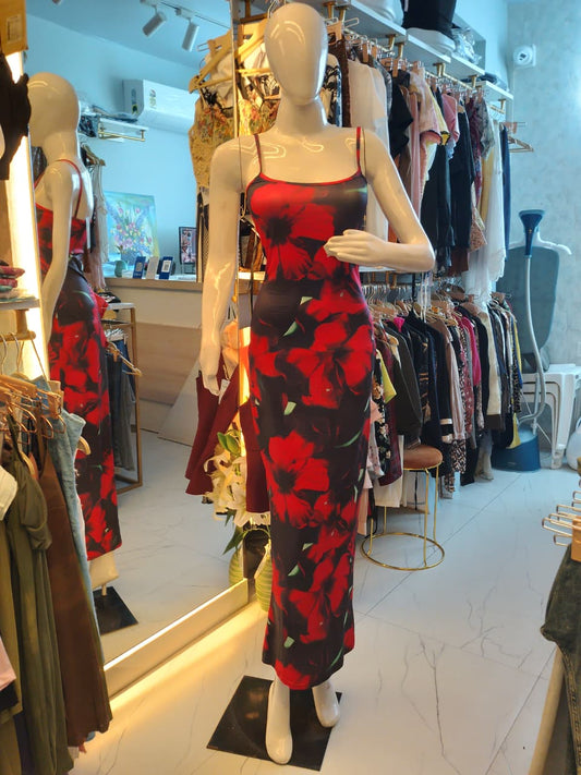 Floral Print Bodycon Dress (Red & Black)