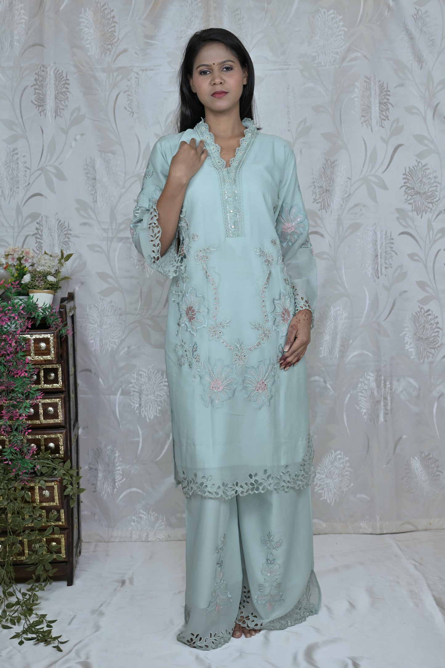 Floral Cutwork Embroidered Bell Sleeve Set