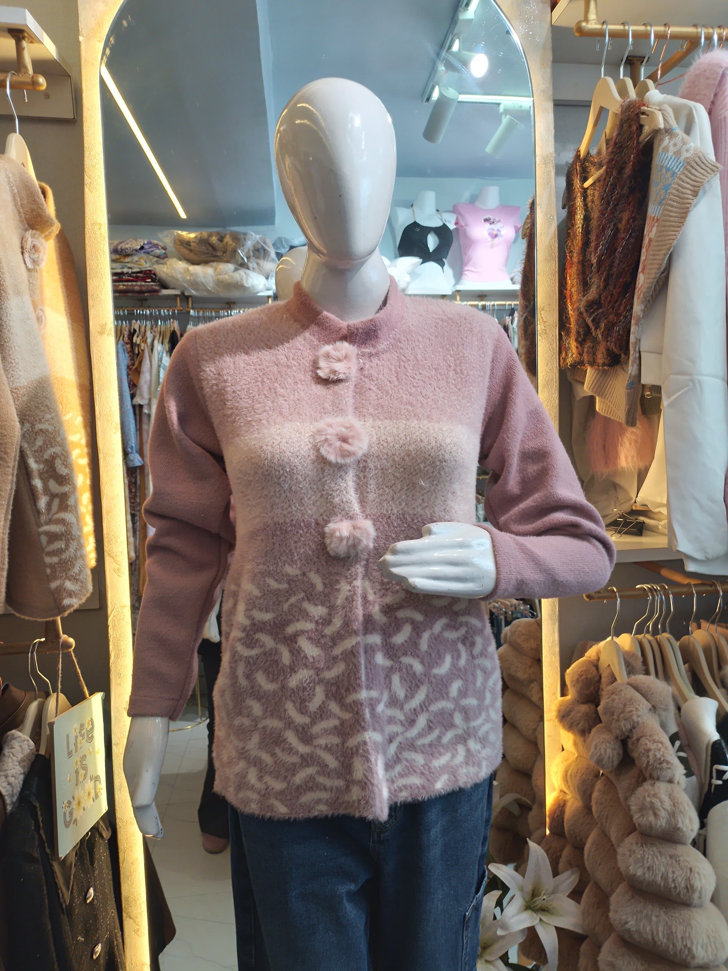 Winter Ivory" Embroidered Fuzz Knit Cardigan