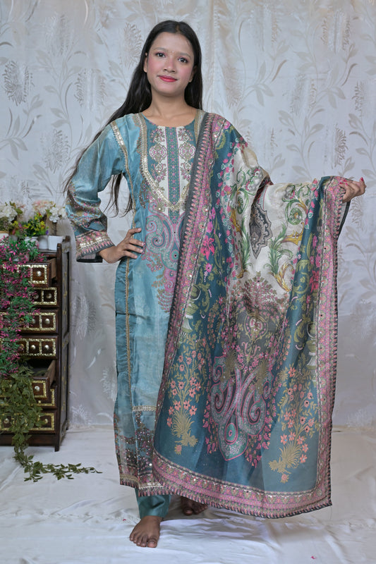 Embroidered Chanderi Kurta Set with Printed Dupatta