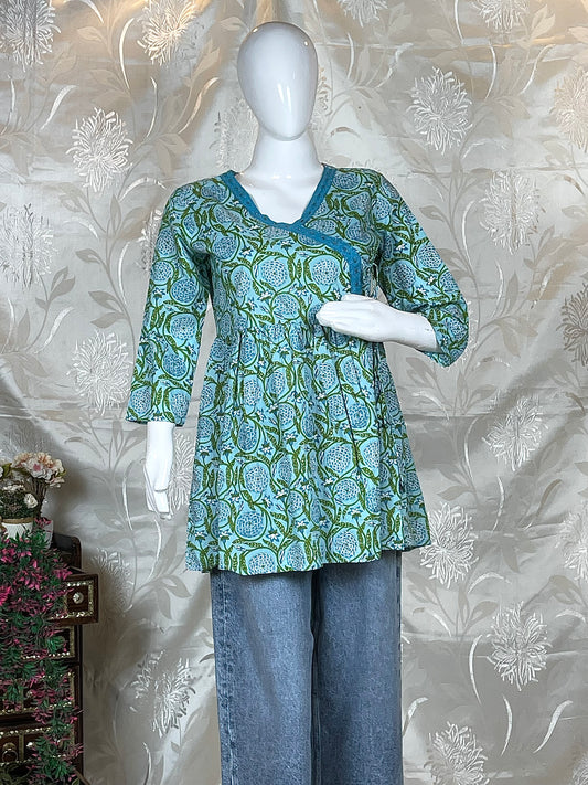 Women Blue & green Floral Printed Cotton Frock-Style Short Kurti/Tunic