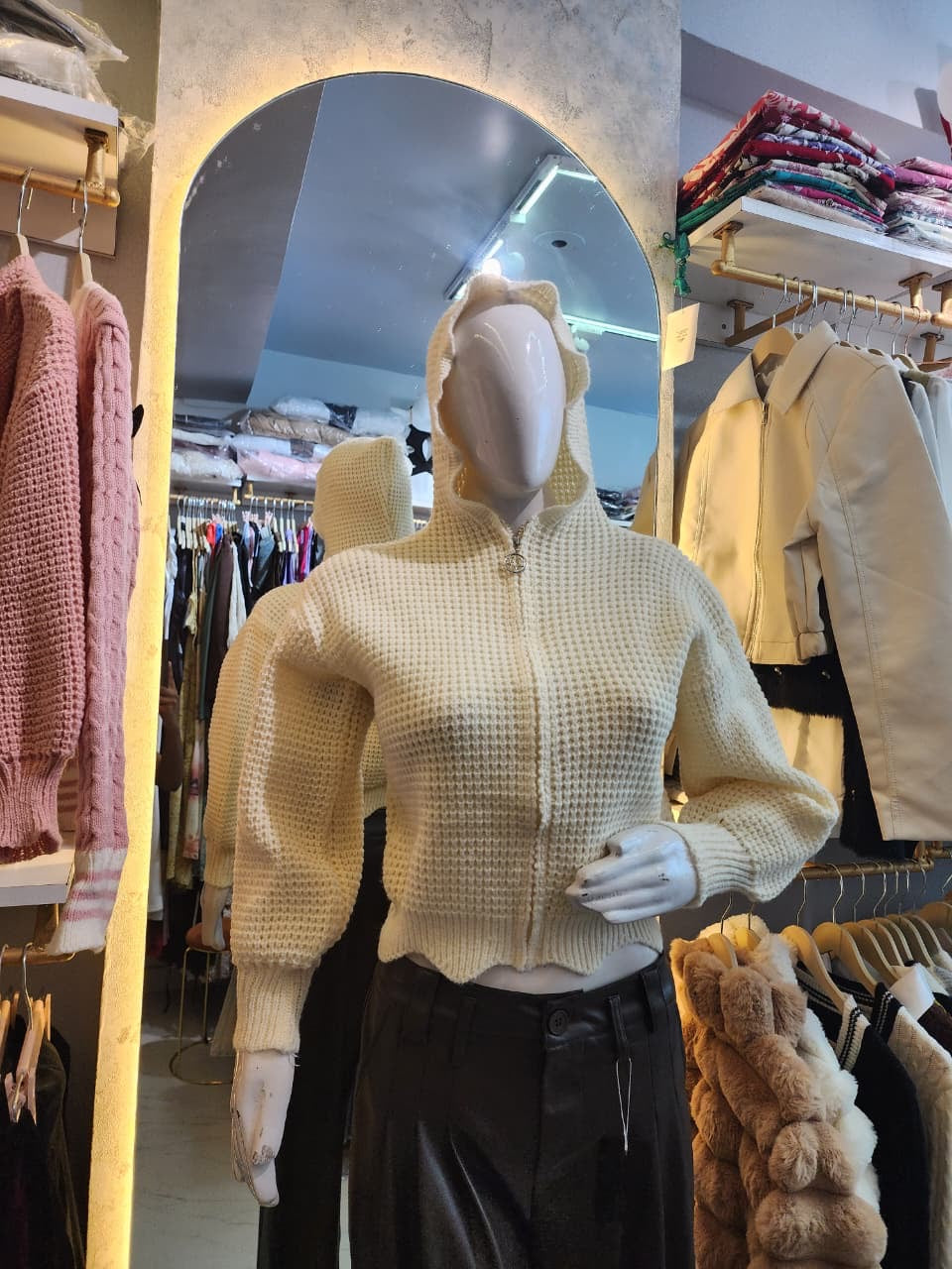 Cropped Waffle Knit Hoodie Cardigan