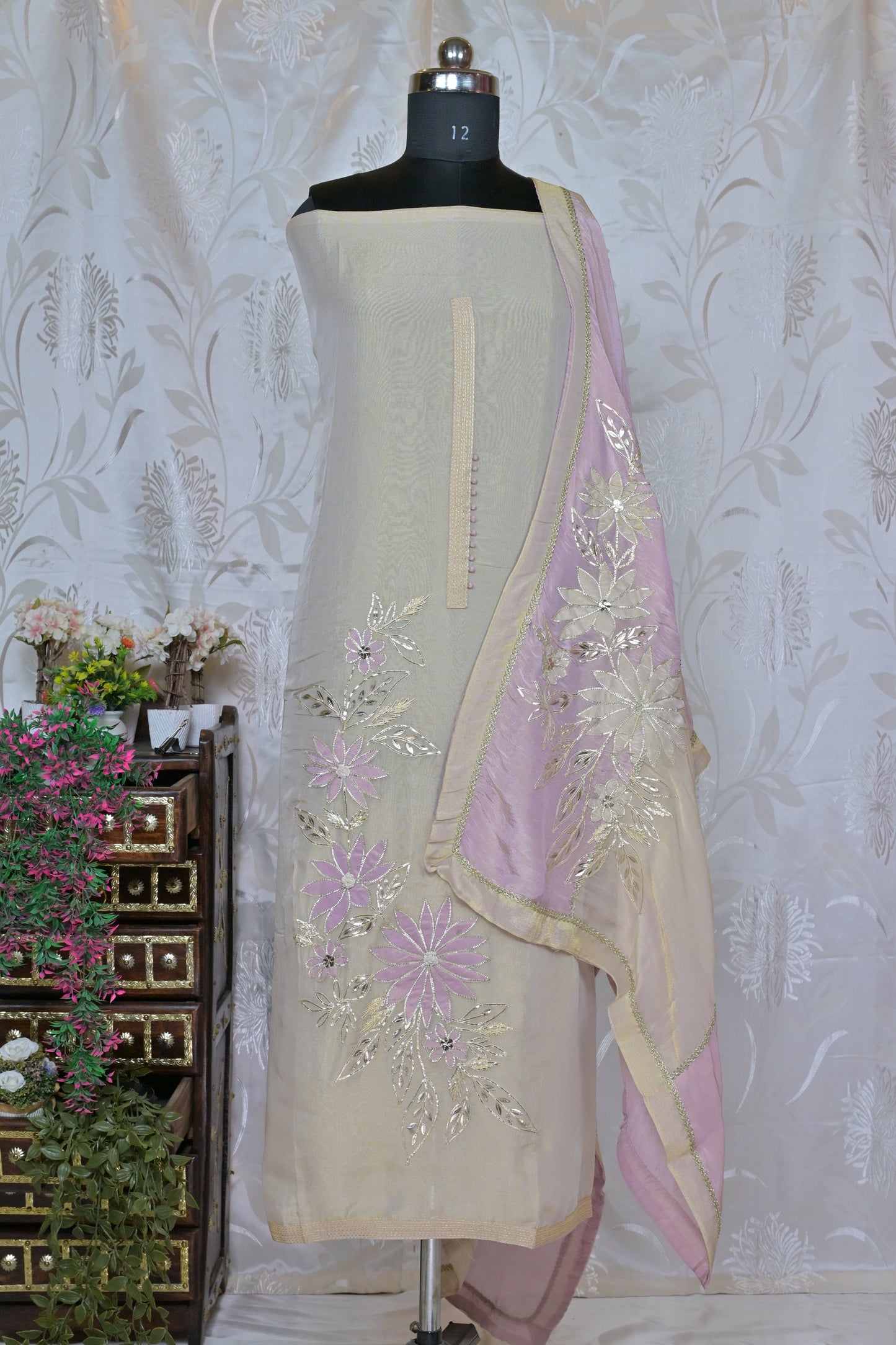 Off-White Semi-Stitched Suit Material with Dual-Tone Floral Embroidery & Metallic Accents