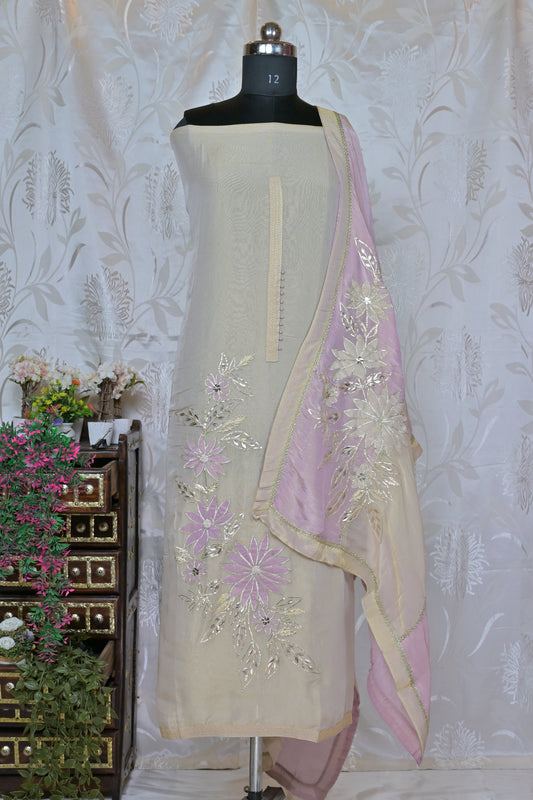 Off-White Semi-Stitched Suit Material with Dual-Tone Floral Embroidery & Metallic Accents