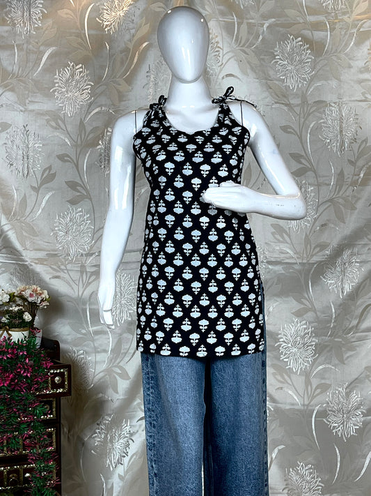 Women Black Floral Printed Sleeveless Short Kurti with Dori Tie-Ups