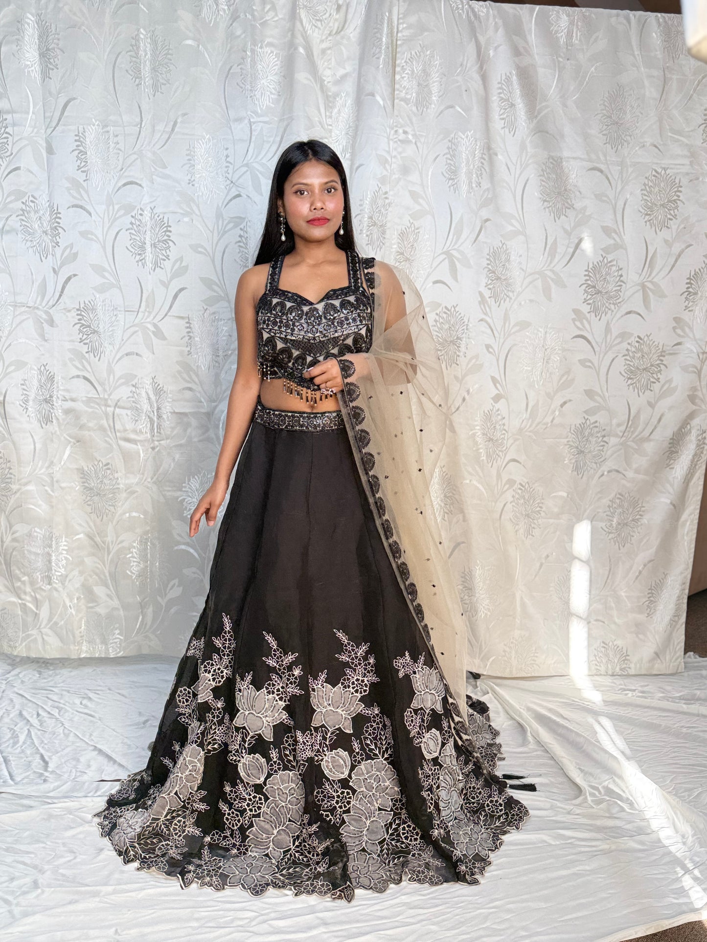 Black Heavy Floral Cutwork Lehenga with Corset Top