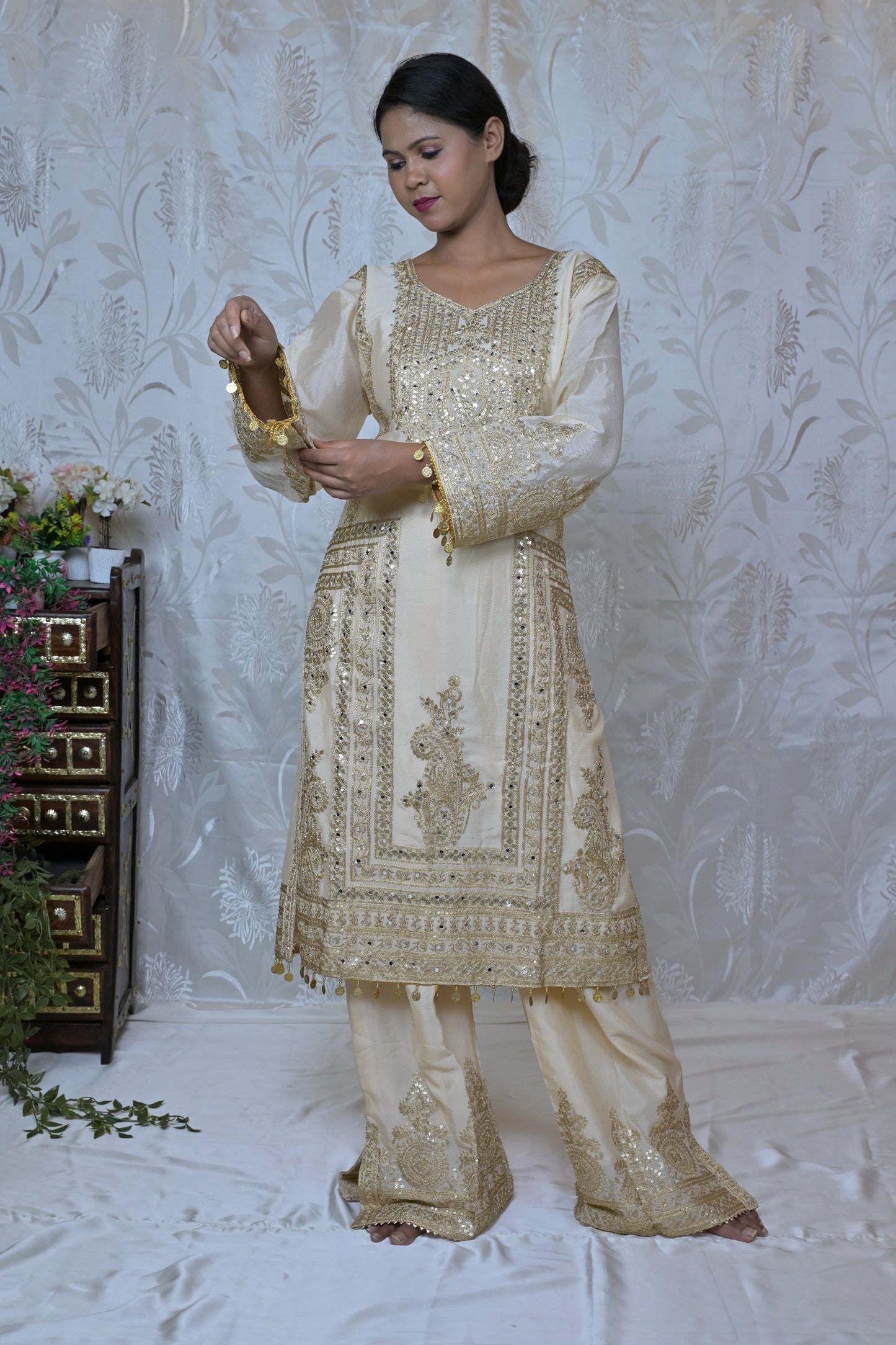 Cream & Gold Heavy Embroidered Palazzo Suit Set
