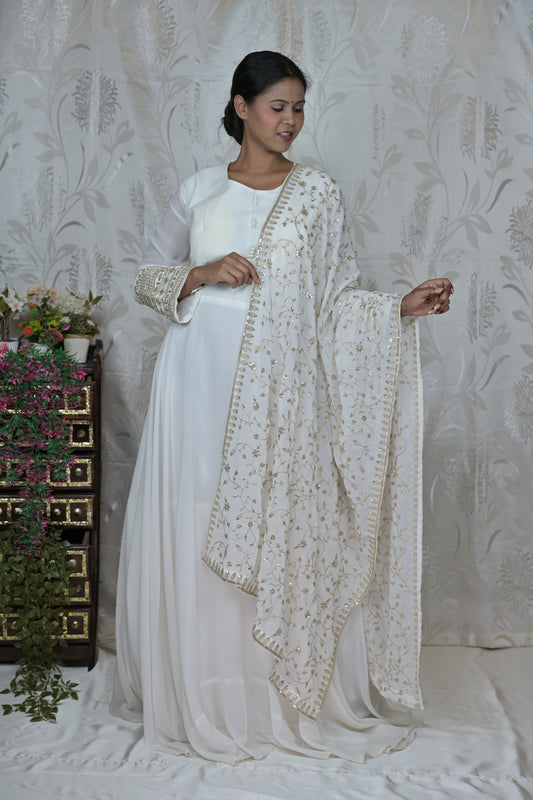 White Full Flare Anarkali Suit with Golden Embroidered Dupatta