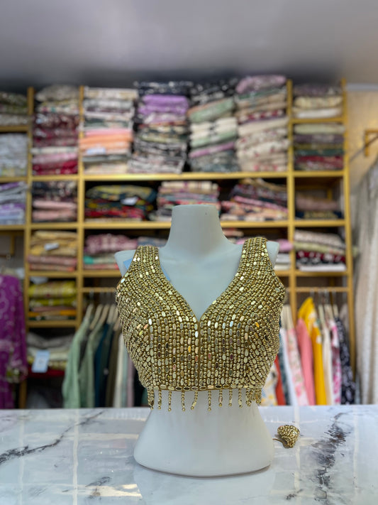 Heavily Beaded V-Neck Blouse with Lace-Up Back