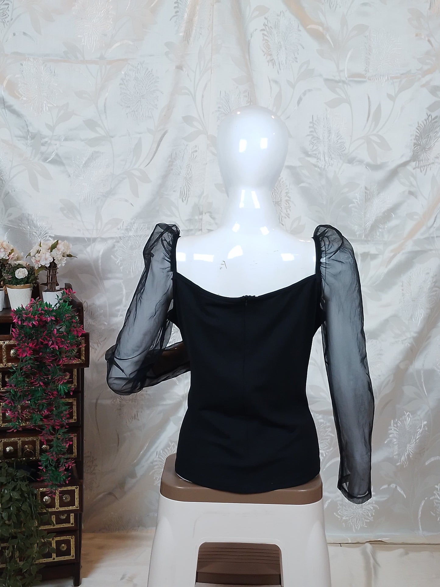Black Sweetheart Neck Sheer Top