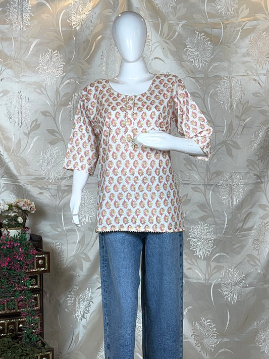 Women Off-White & Pink Floral Printed Full Sleeve Short Kurti