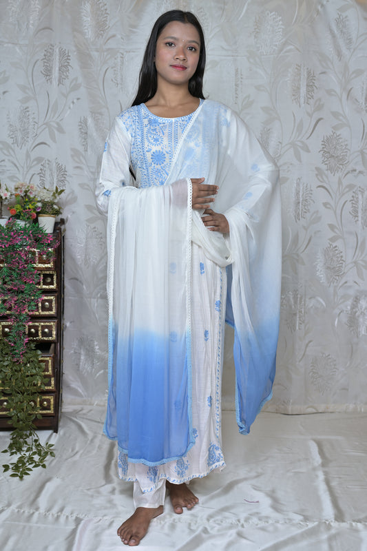 White & Sky Blue Embroidered Mal Mal Cotton Anarkali Kurta Set with Dupatta