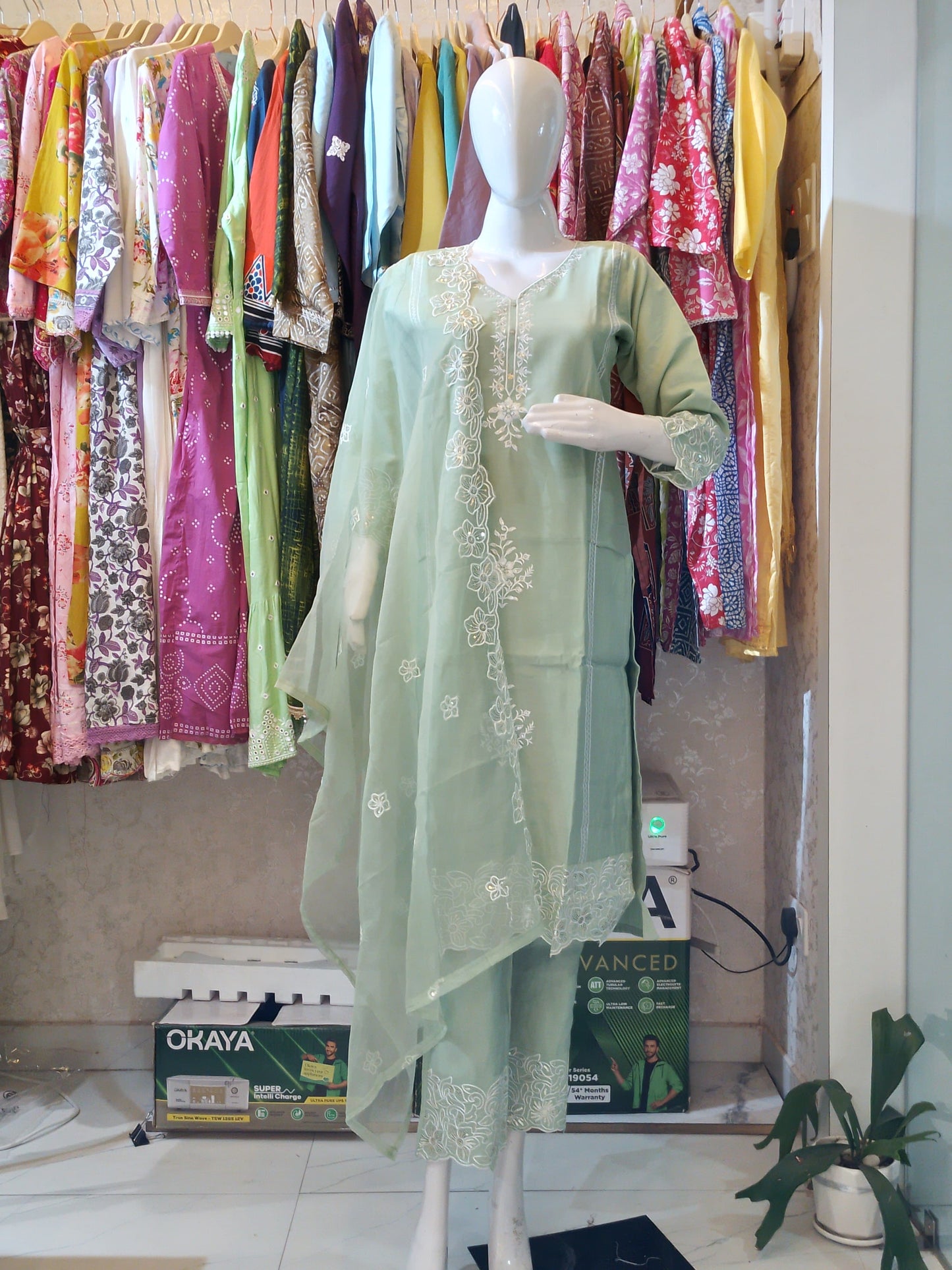 Monochrome Bloom" Embroidered Suit with Organza Dupatta