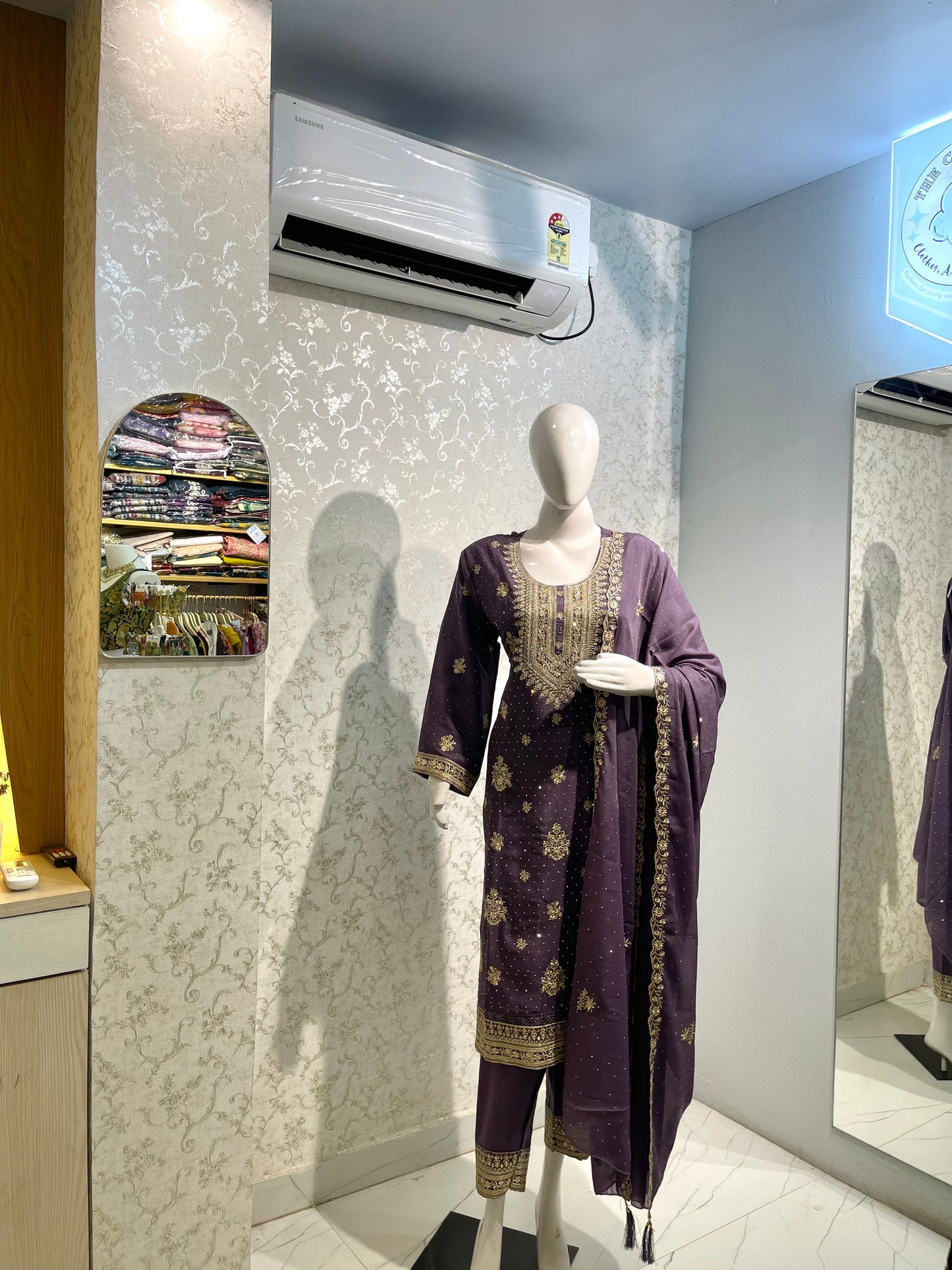 Silk Straight Kurta Set with Intricate Zari & Stone Embroidered Neckline