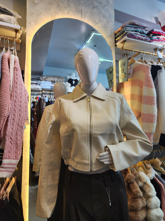 Ivory Siren" Cropped Faux Leather Zip-Up Jacket