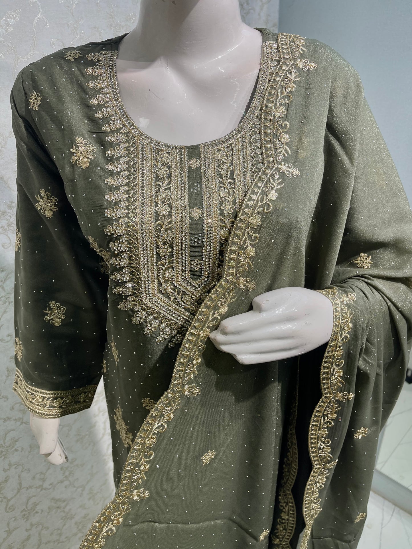 Silk Straight Kurta Set with Intricate Zari & Stone Embroidered Neckline