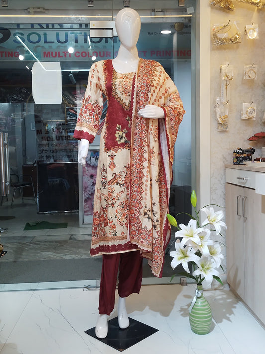 Maroon & Beige Heritage" Block Print Muslin Suit Set