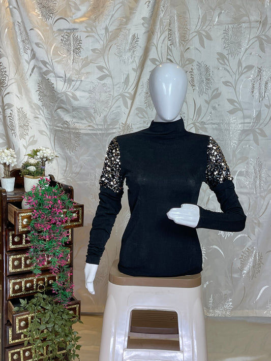 Sequin Shoulder Black Long-Sleeve Top