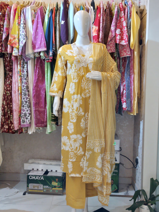 Sunshine Bloom" Mustard Floral Cotton Frock Suit