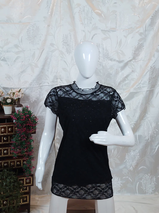 Women Black Sheer Sleeve Wide Neck Top