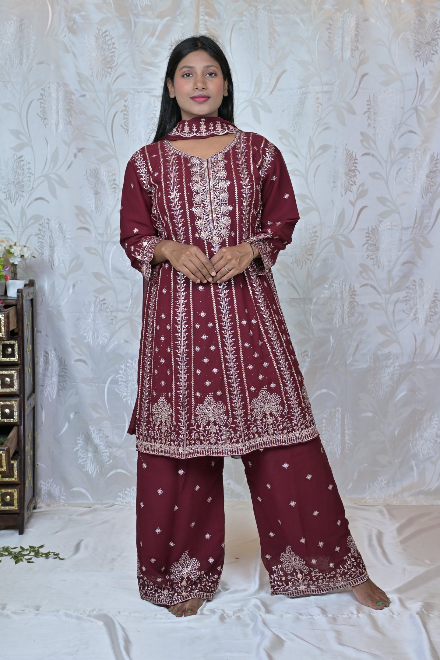 Shimmering Silver Georgette Heavy Suit Set