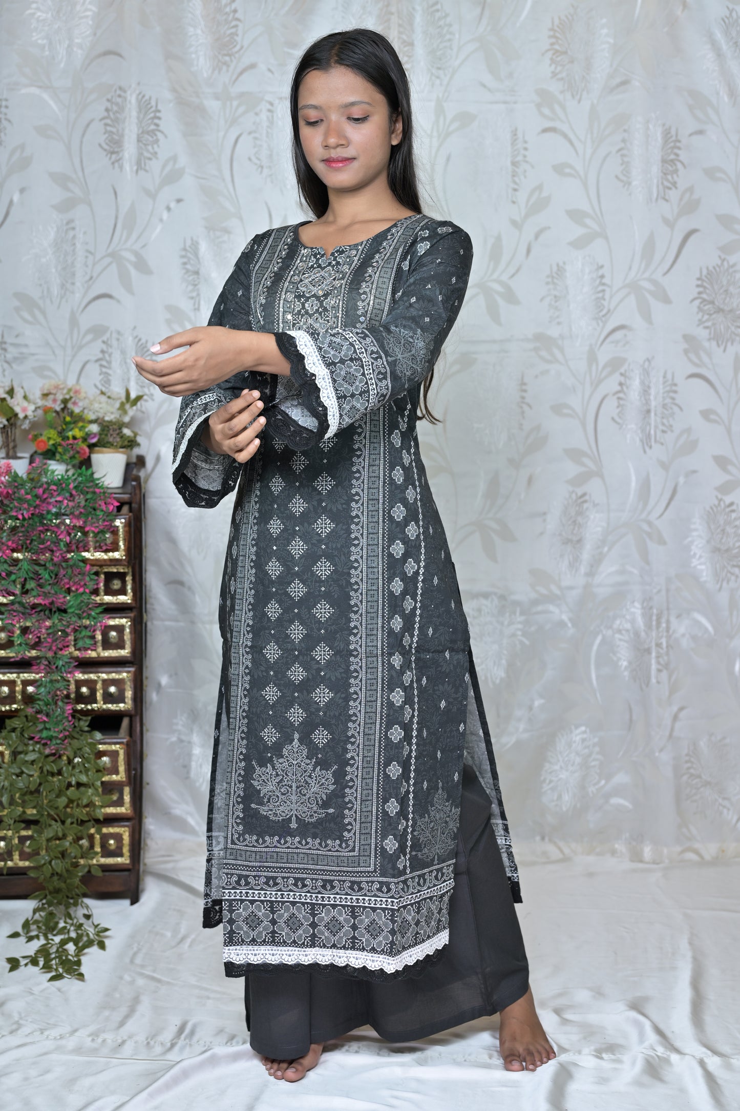 Classic Black & White Block Print Cotton Suit