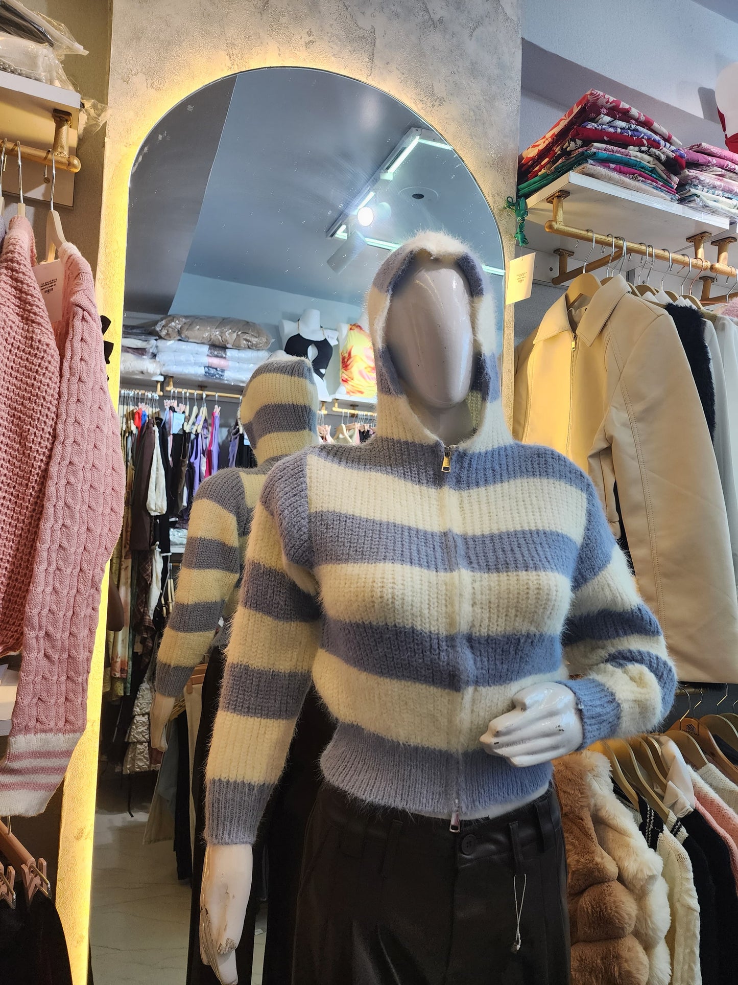 Striped Cropped Knit Hoodie Jacket with zipper