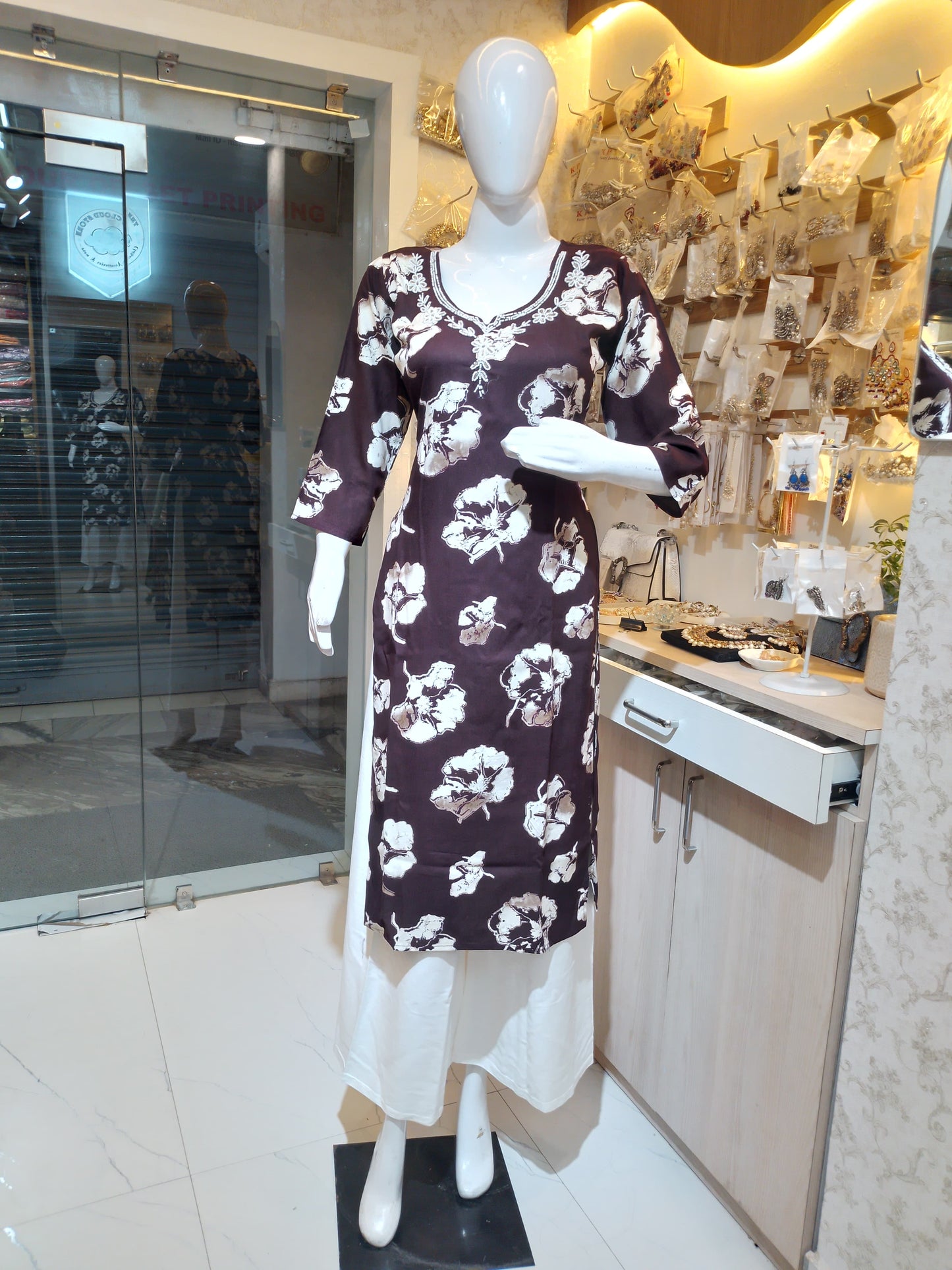 Floral Print Kurti with Embellished Yoke