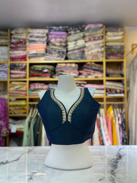 Classic Navy Blue Sleeveless Blouse with Gold Scalloped Zari Trim