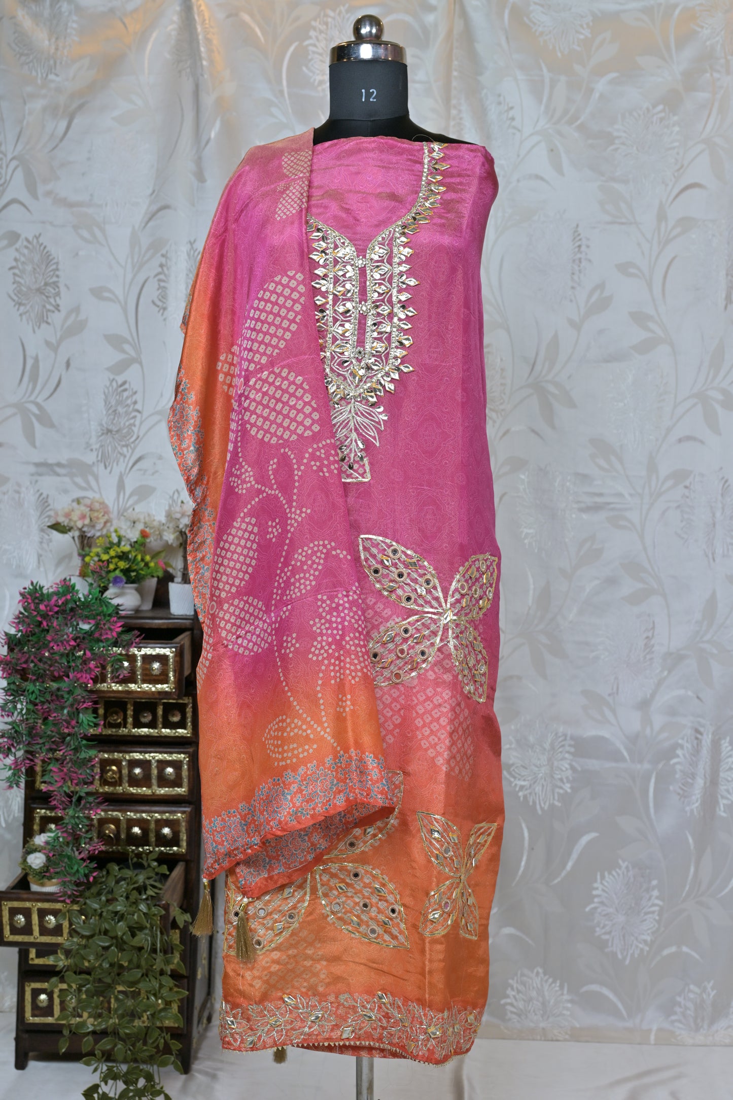 Pink & Orange Ombré Semi-Stitched Suit Material with Heavy Gota & Embroidered Detailing