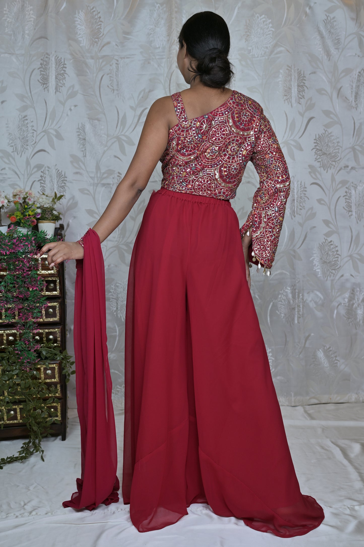 One-Sleeve Red Palazzo Set