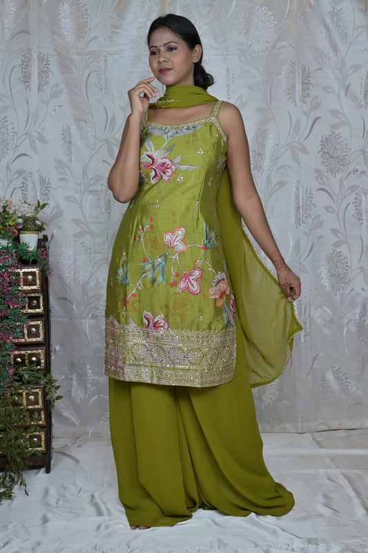 Chic Green Glam Palazzo Suit
