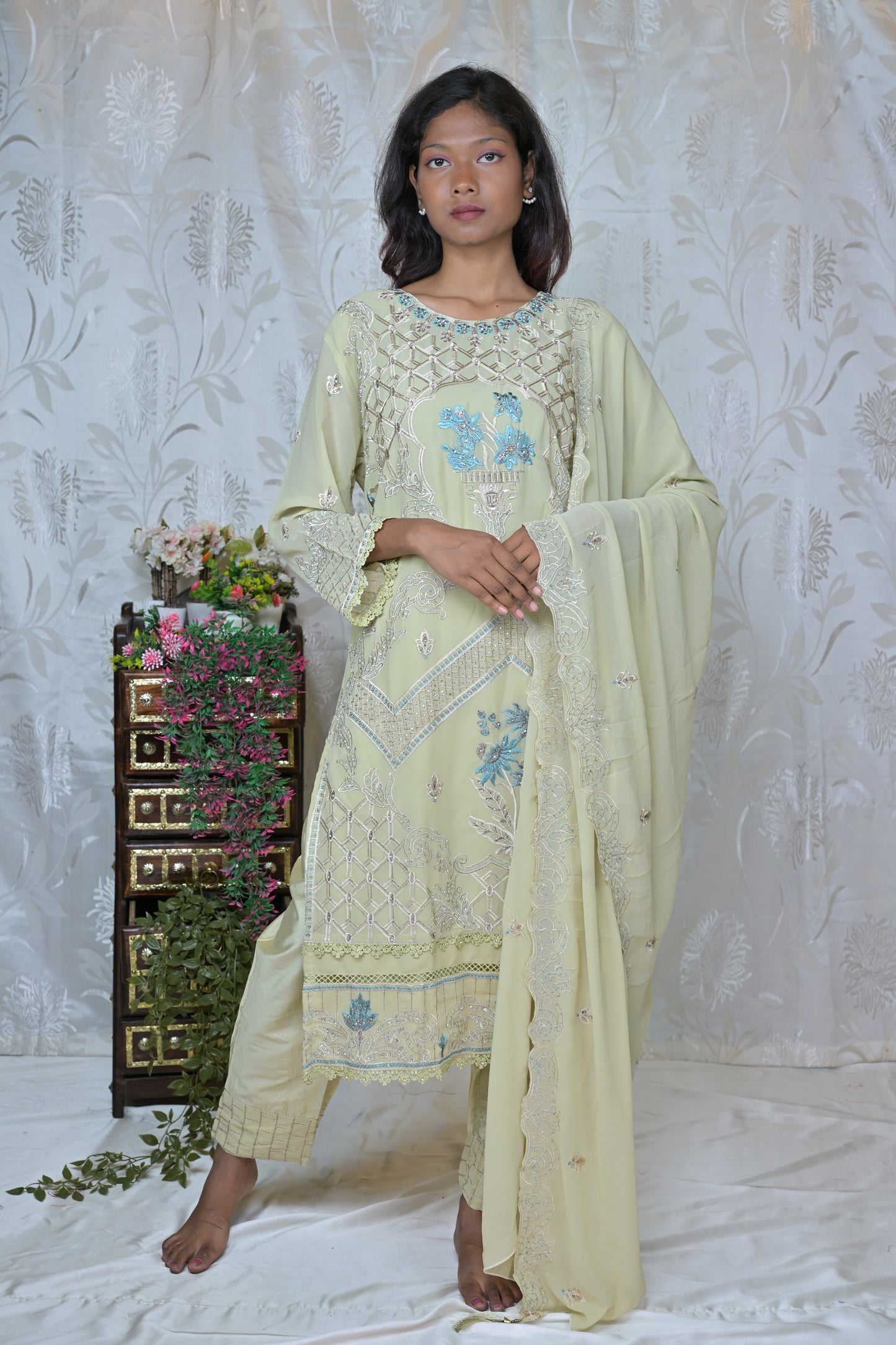 Soft Hue Embroidered Three-Piece Set