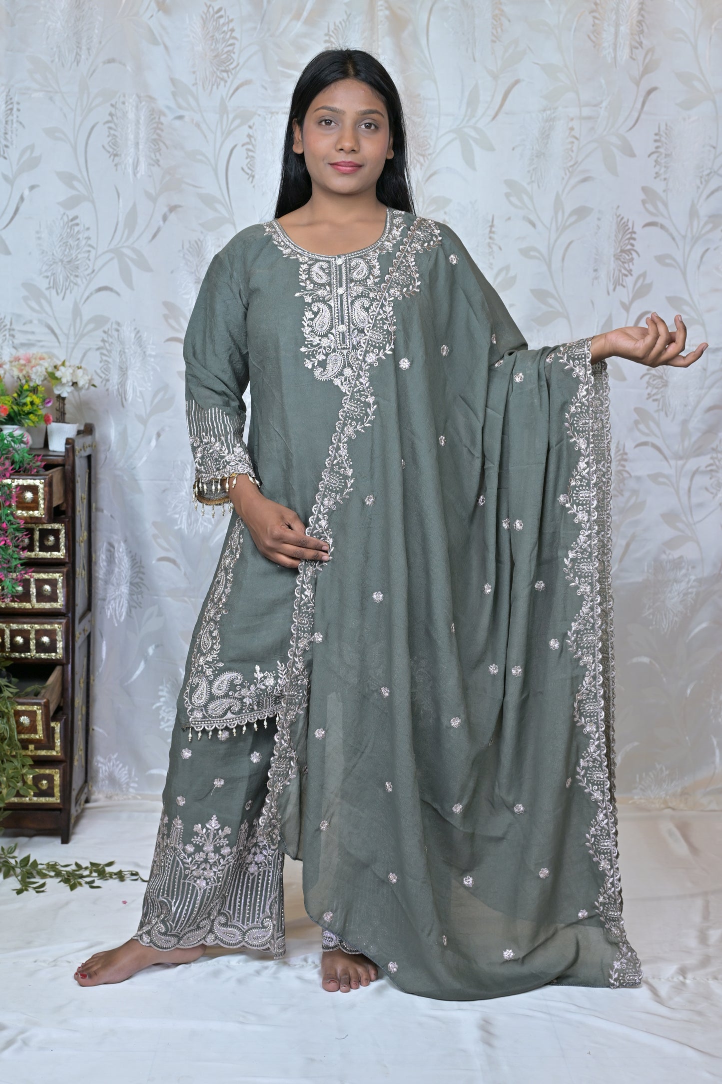 Embroidered Palazzo Suit Set with Tassel Detail