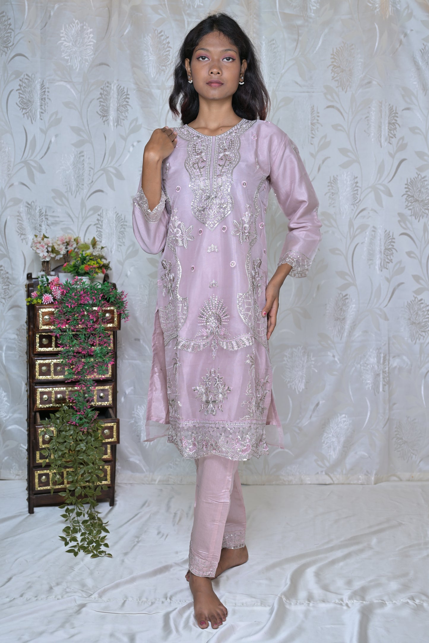 Sheer Elegance Embroidered Organza Suit