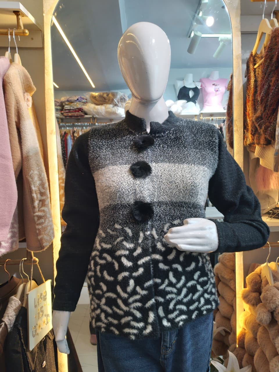 Winter Ivory" Embroidered Fuzz Knit Cardigan